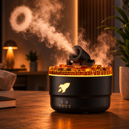 Diffuseur d'arômes Volcan avec anneau de fumée et effet craquelé lumineux, humidificateur