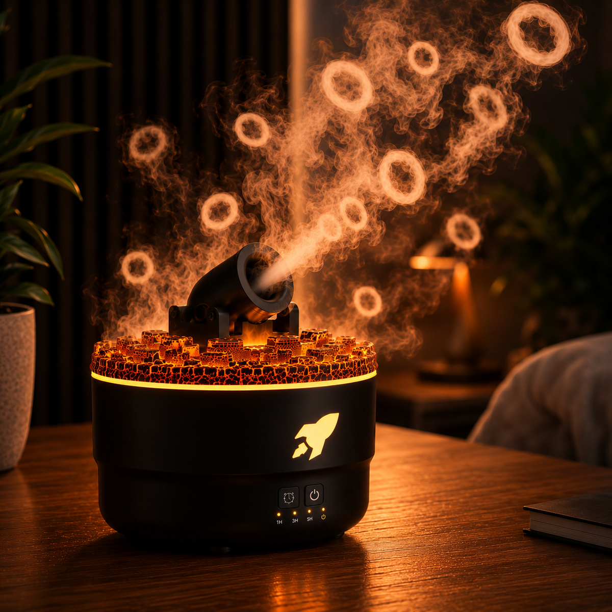 Diffuseur d'arômes Volcan avec anneau de fumée et effet craquelé lumineux, humidificateur
